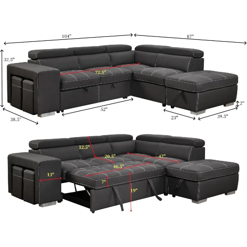 104'' Microfiber Sectional Sleeper Sofa With Pull-Out Bed, Sofas With Chaise & Storage Ottoman. 5 Seater L-Shaped Couch