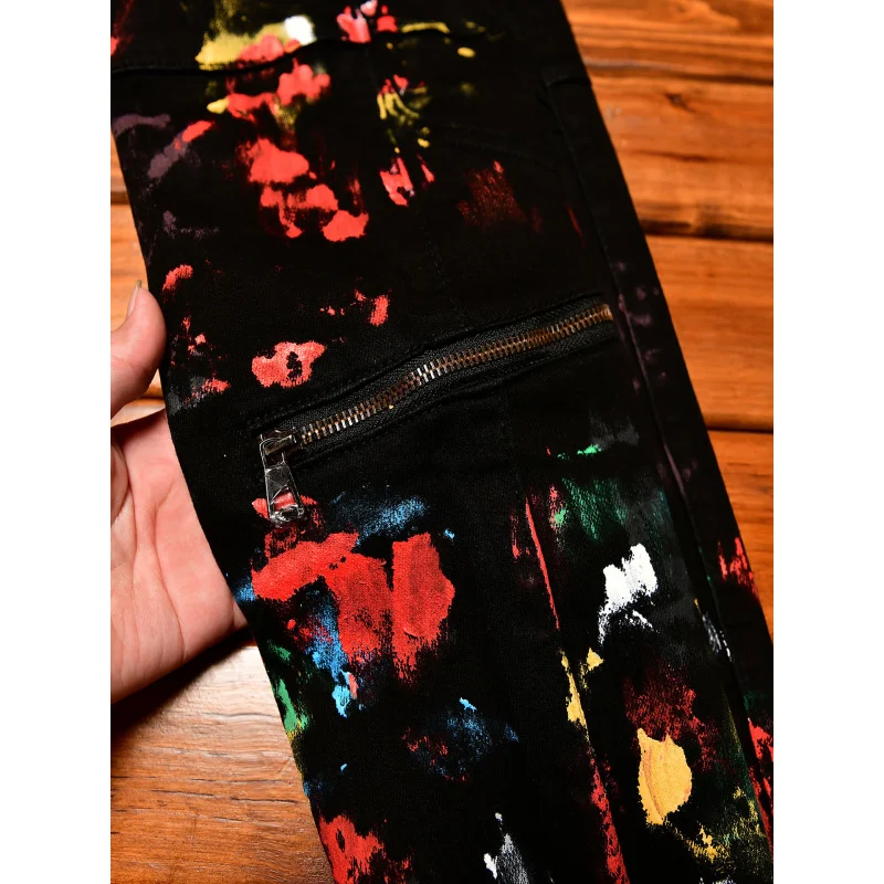 High end black jeans men, retro trend, paint print,, small feet, cool autumn street style, elastic pants