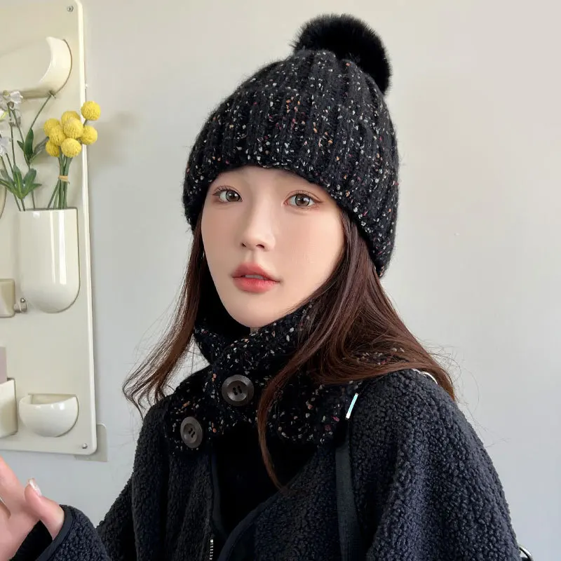 2024 New Velvet Knitted Hat Scarf Two Piece Set Women's European and American Popular Outdoor Warm Skiing Hat