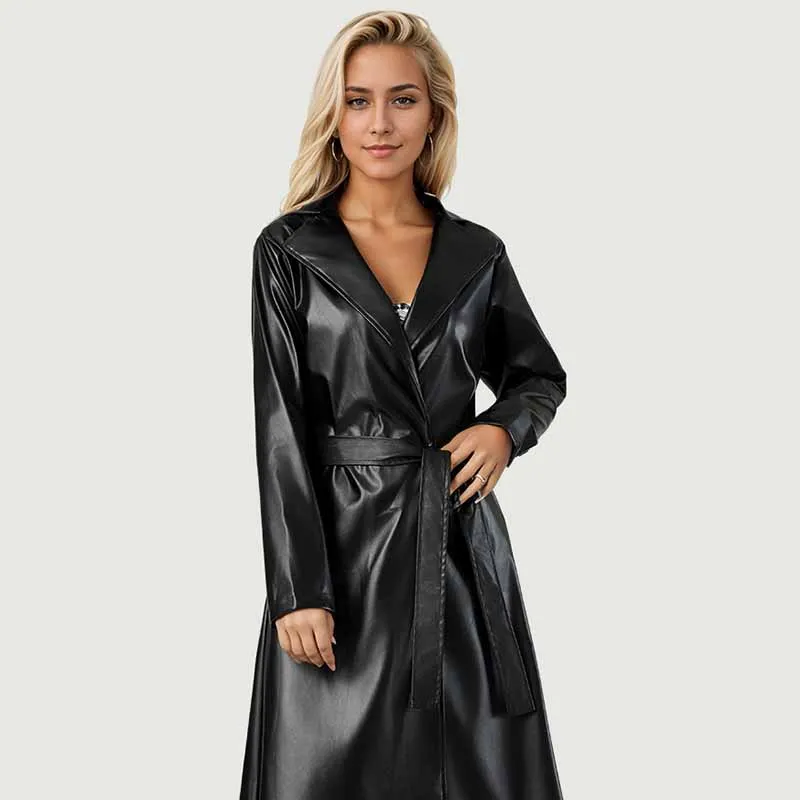 Spring Autumn Long Black Pu Leather Trench Coat Women Streetwear Fashion Belt Turndown Collar Overcoat Temperament Outerwear