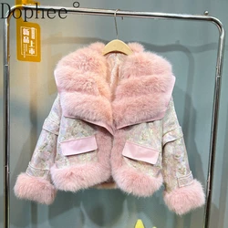 High Quality Vintage Jacquard Splicing Fur Female Overcoat 2024 New Winter Warm Jacket Elegant Pink Imitation Fox Fur Women Coat