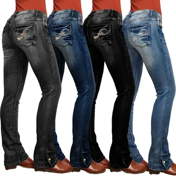 Frauen Jeans Distressed Straight Pants niedrige Taille Taschen Knopf Reiß verschluss fliegen lässig in voller Länge Vintage Stickerei Jeans hose