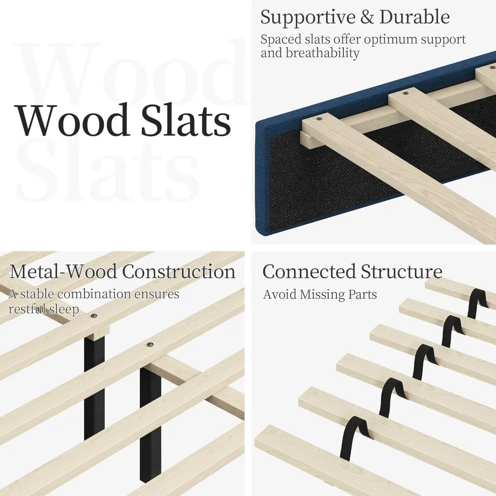 إطار سرير منجد حديث بالحجم الكامل مع لوح رأسي مربع وخياطة وأزرار، سرير بمنصة قابلة للتعديل في الخشب #6