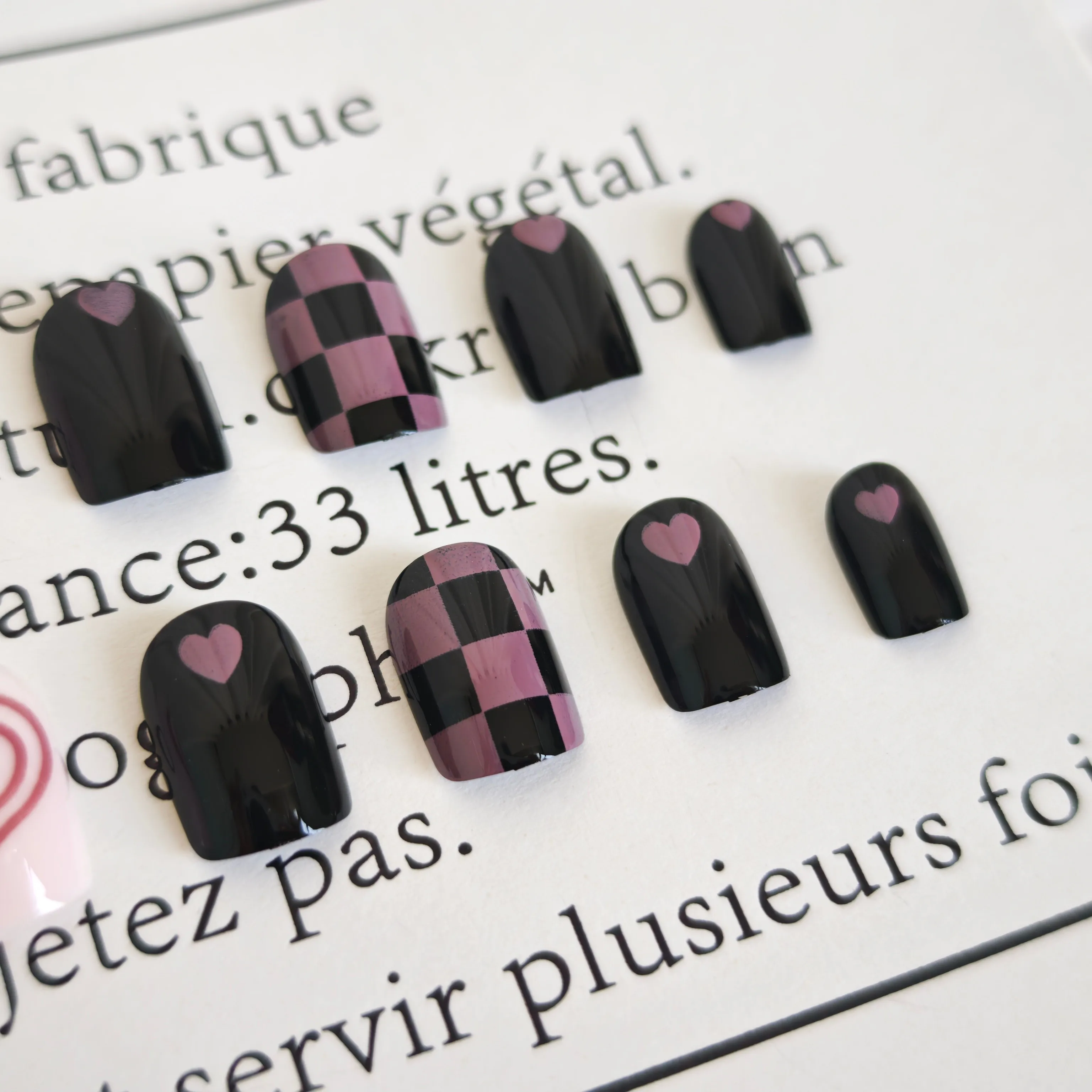 

24pc Medium-Short Ballet Nails Pink Hearts & Purple Checker Press-Ons Sassy Sweet-Edgy Vibes Mix Sizes