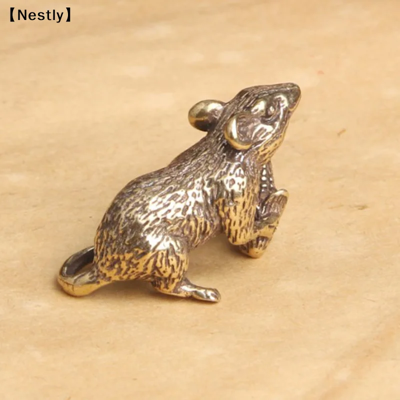 Brass Animal Mice Love Rice Figurines Car Key Chain Pendants Jewelry DIY Keyring Hanging Accessories Cute Rat Keychain〔Nest〕