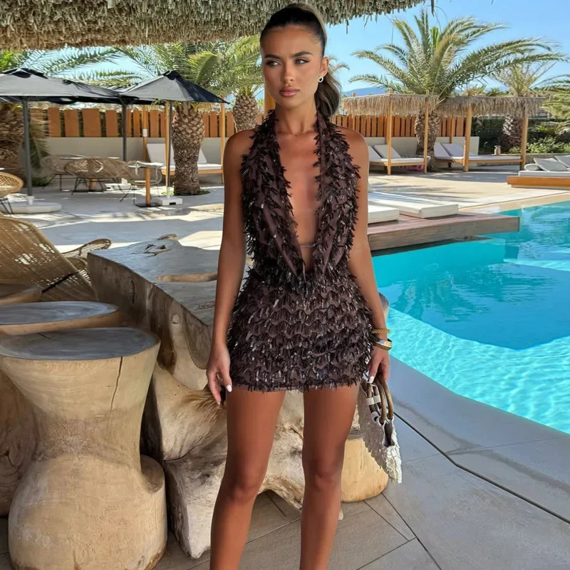 Stunning Summer Halter Style Shiny Tassel Two Piece Set For Women With Swing Neck And Hip Hugging Skirt For Night Out Look New