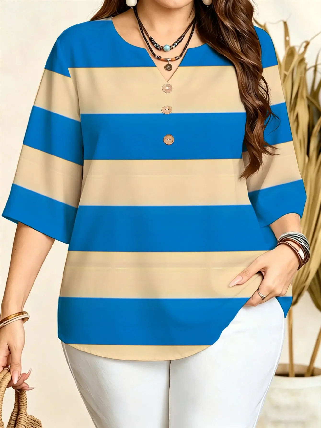 Plus Size Notch V Neck 3/4 Sleeve Blouse Colorful Stripe Floral Geometric Print Loose Casual Daily Women Tunic Top