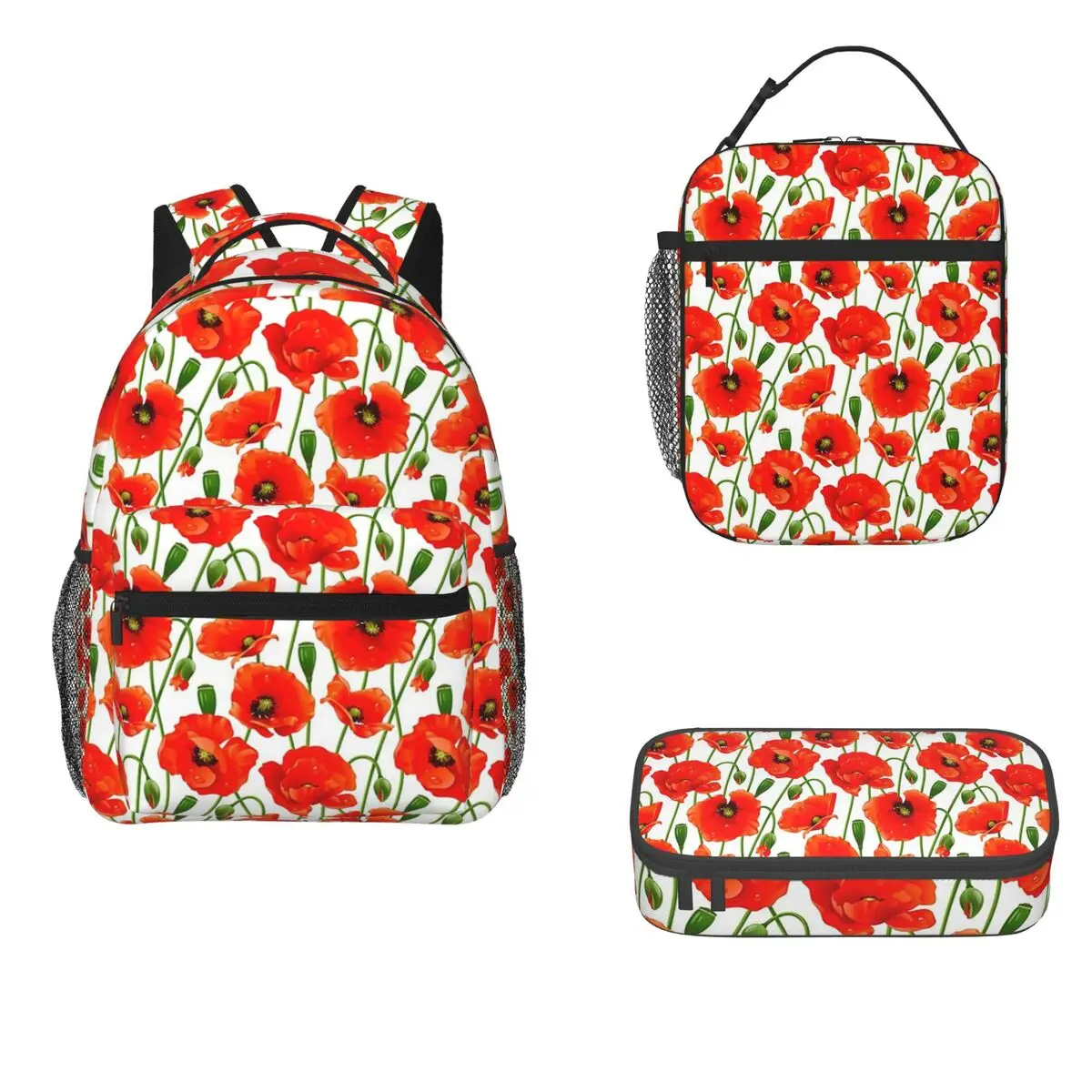 Beautiful Red Poppy Flowers Backpacks Boys Girls Bookbag Children School Bags Cartoon Rucksack Lunch Bag Pen Bag Three-Piece Set