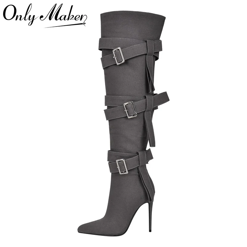 Onlymaker Women Pointed Toe Zipper Knee High Boots Buckle Strap Thin High Heel Female Big Size Stiletto Canvas Boots