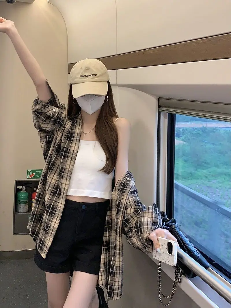 2024 autunno nuova camicia a quadretti retrò giacca da donna a maniche lunghe cardigan sottile top camicia stile pigro allentato