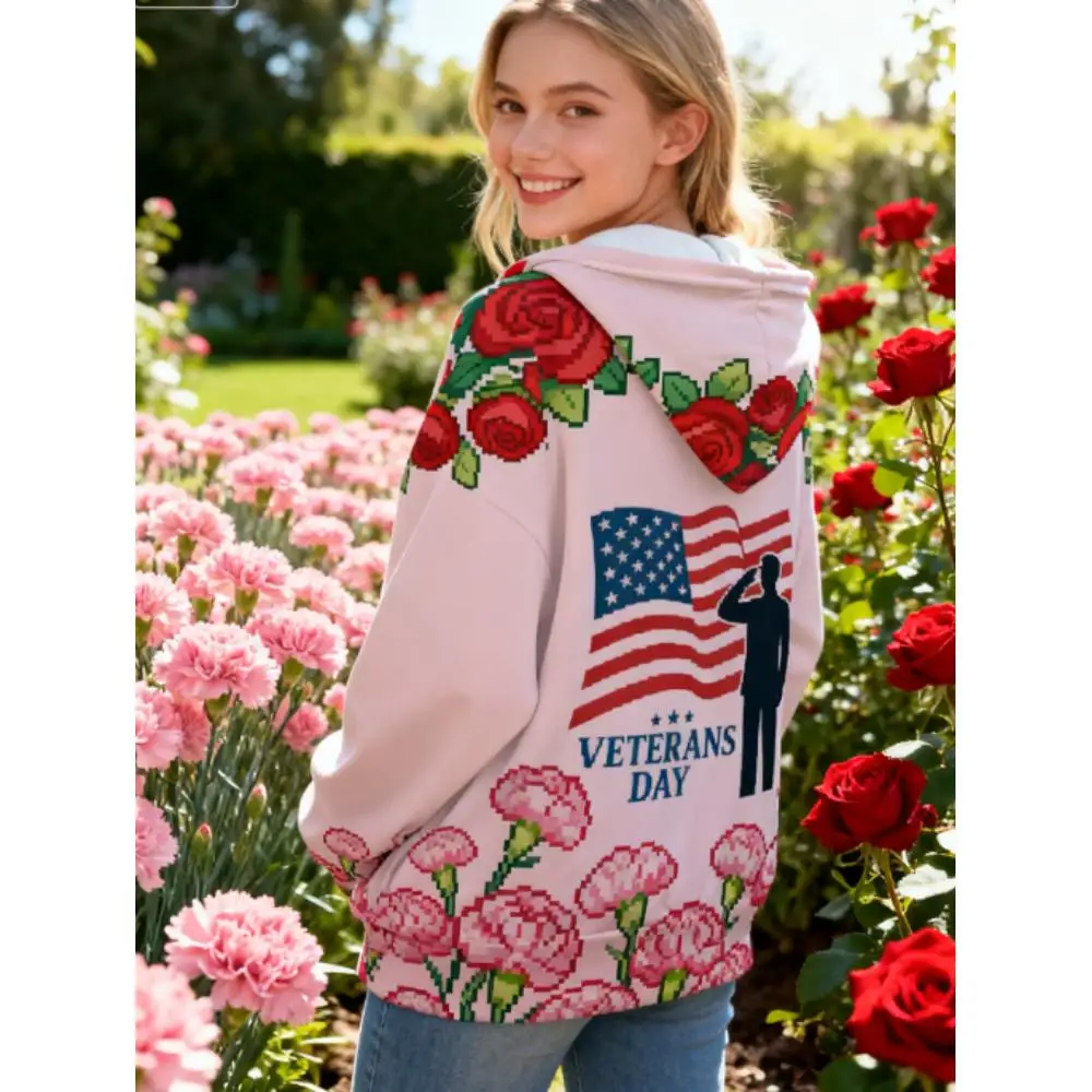 

Large size women's clothing, Veterans Day hooded sweater, pink bottom pixel red rose pink carnation,
