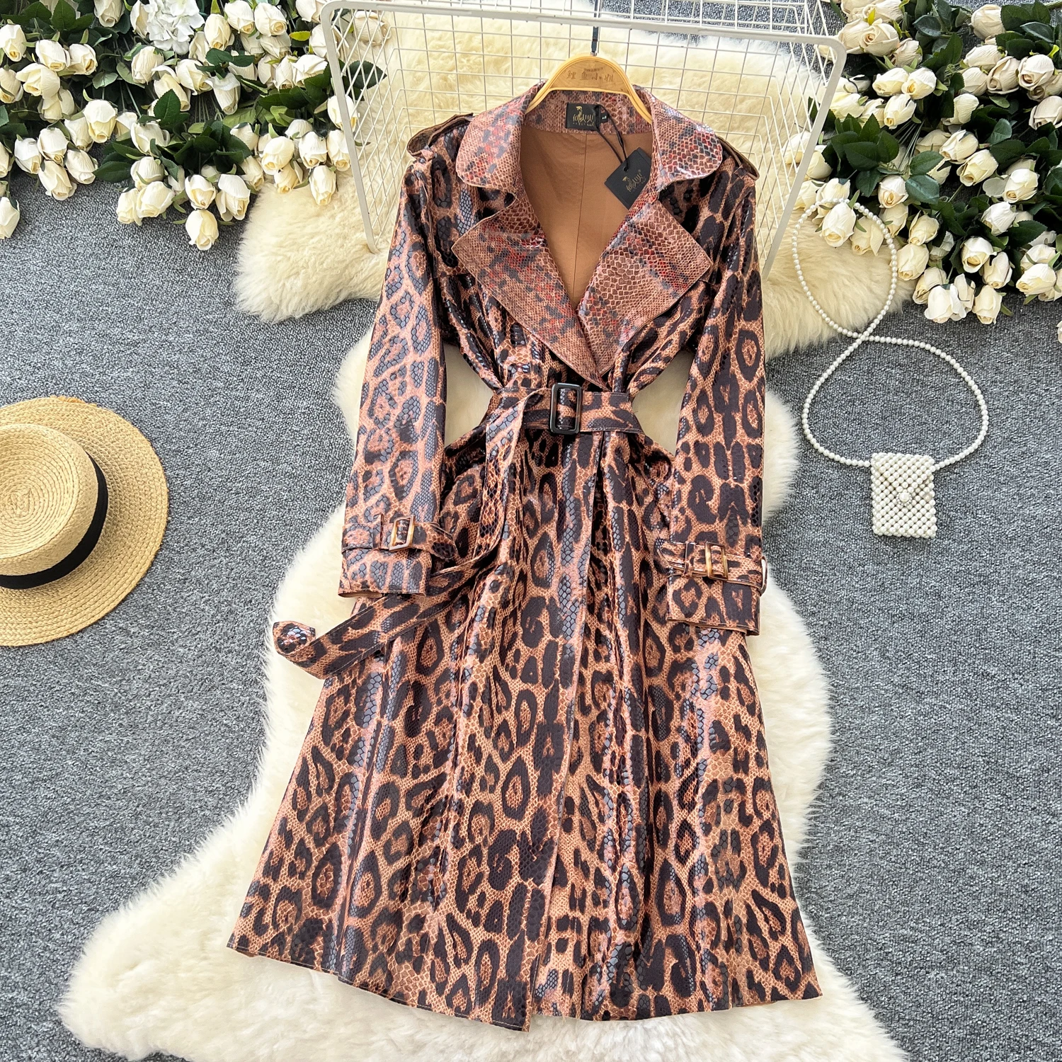 Elegant Notched Neck Vintage Long Sleeve Chic Leopard Slim Sashes PU Leather Trench French Fashion High Street Autumn Clothing