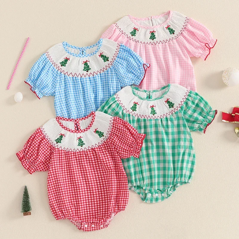 New Baby Girl Christmas Romper Tree Embroidered Plaid Short Sleeve Smocked Round Neck Ruffled Fall Jumpsuits 0-24 Months