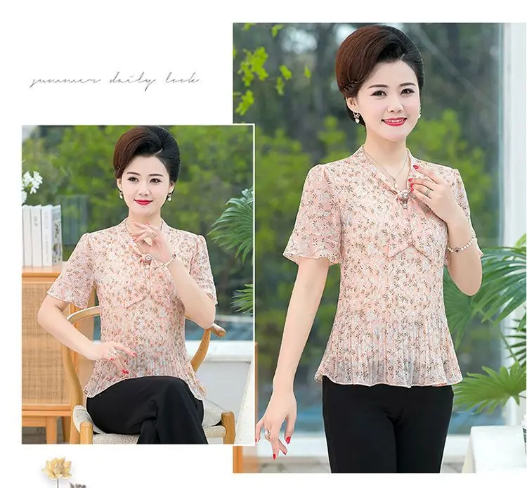Mom's Clothing Style Floral Temperament Slim Chiffon Shirt Middle-aged Woman's Large-size Fashionable Belly-covering T-shirt