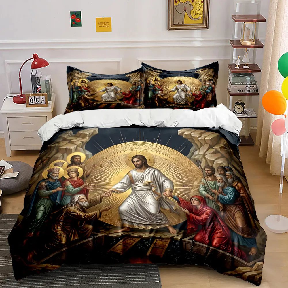 Radiant saint engaging with people Duvet Cover Set with 3D Printing Design Soft Polyester Bedding Set All-Season Comfort