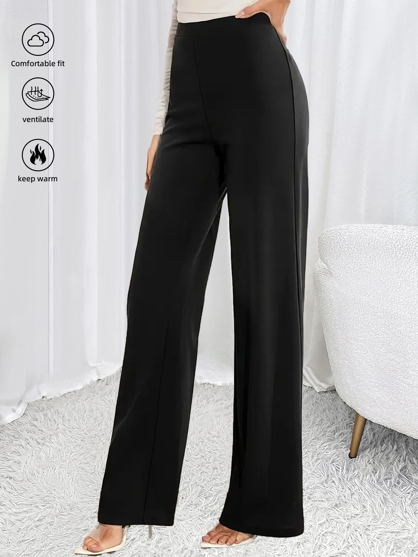 レディース春夏カジュアルストレートパンツ、通勤オフィスワイドパンツ、ドライクリーニング可能、無地