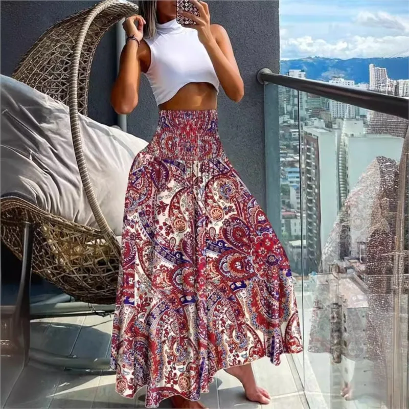 

Summer Fashion High Waist Printed Skirt For Women Retro Ethnic Style Printing Big Swing Maxi Skirts Female Floral Long Skirt