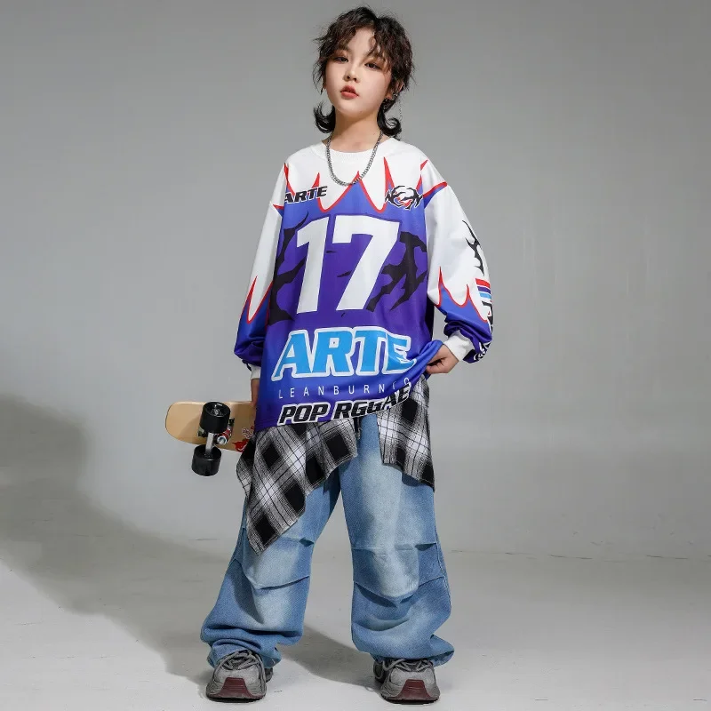 Kid Hip Hop Clothing Blue White Print Sweatshirt Top Denim Blue Casual Jeans Baggy Pants for Girl Boy Jazz Dance Costume Clothes