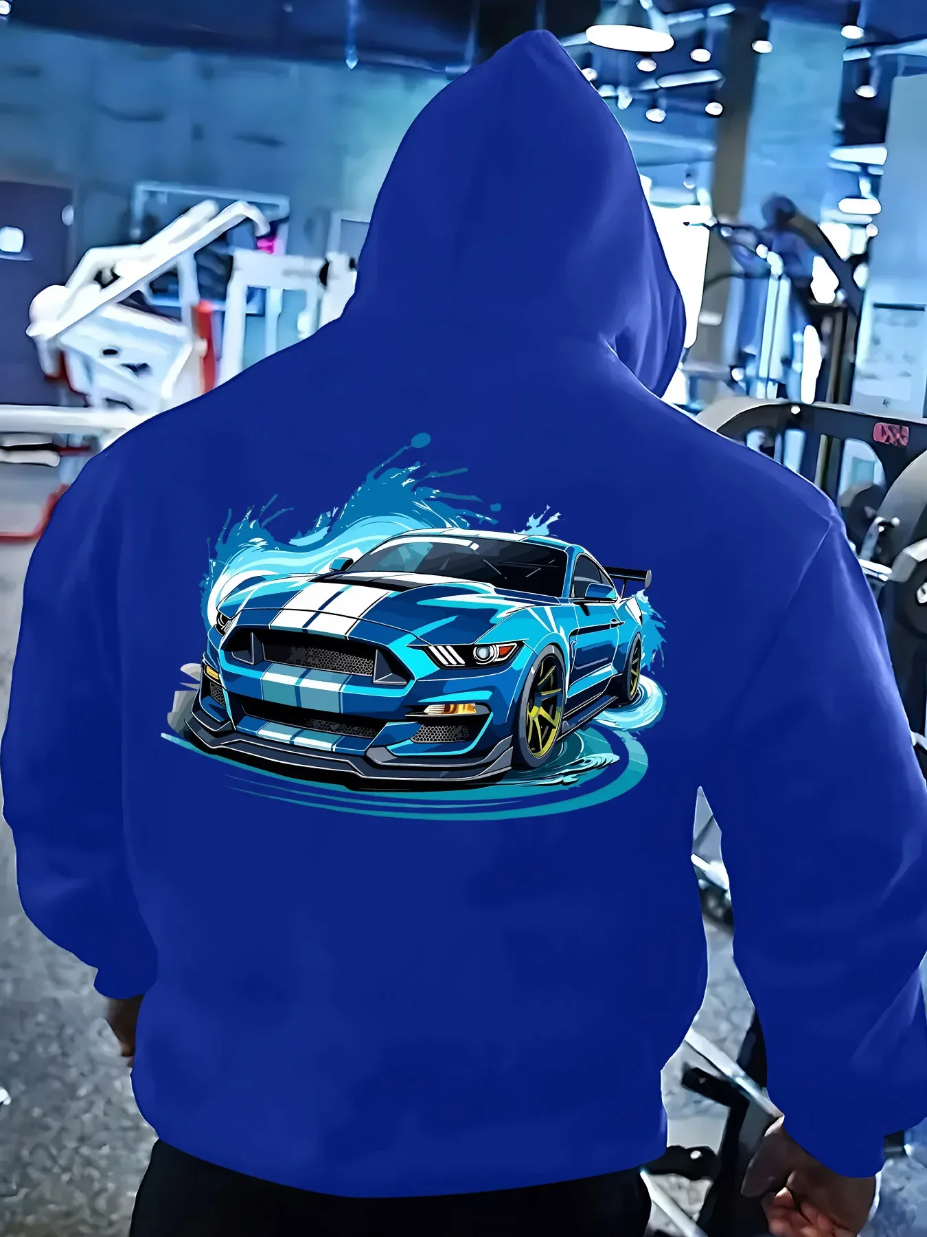 Blue Sports Car Water Splash Graffiti Graphic Hoodie Men Women Street Back Print Loose Sweatshirt