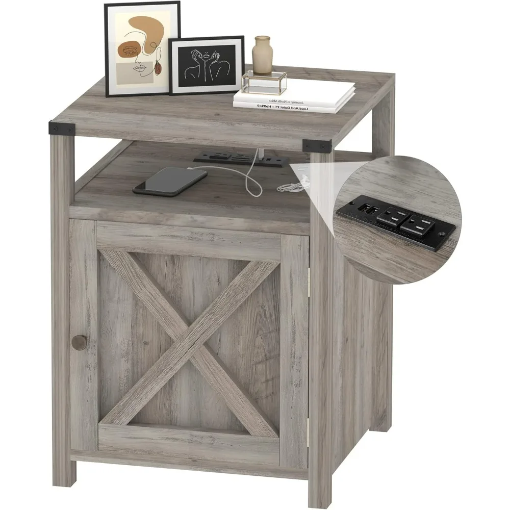 with Charging Station, Rustic End Table Bedroom with Storage Living Room Side Table