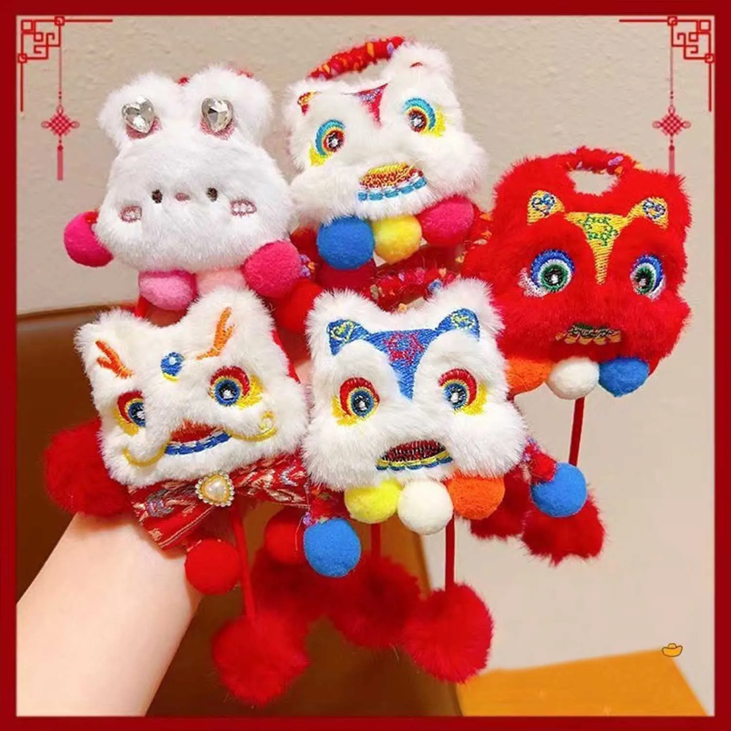 Lion Dance Children Red Hairpin Tassel Embroidery Elastic Funny Lion  Ancient Headwear Dragon Rubber Band Chinese New Year Girls