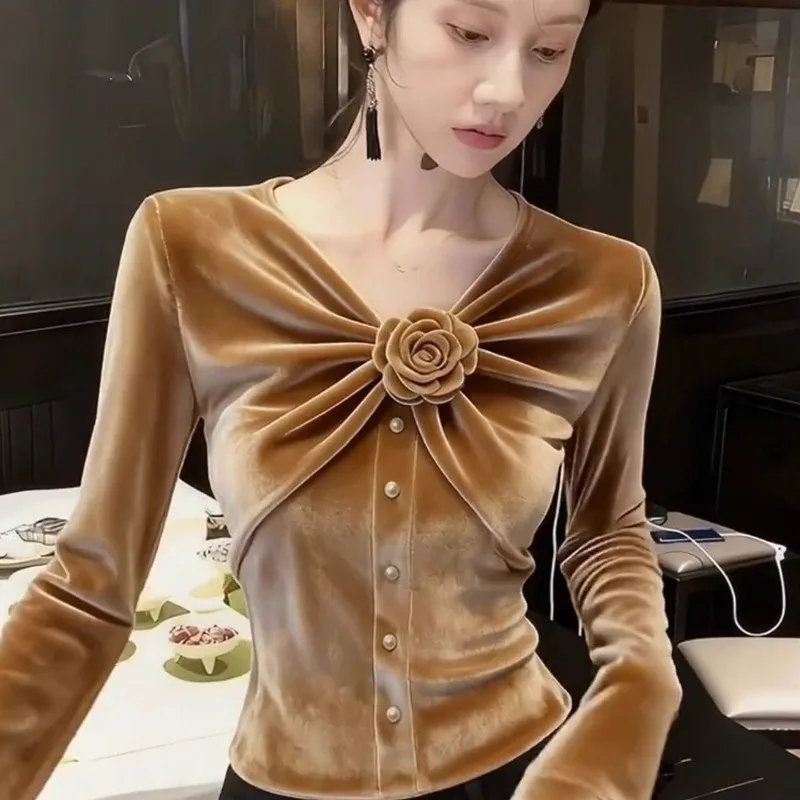 봄 가을 신상 트렌드 3D 플로럴 벨벳 긴팔 슬림핏 셔츠 티셔츠 탑 디자인 블라우스 코르셋 여성 탑