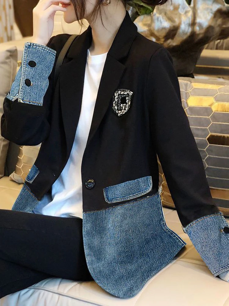 Denim Spliced Blazer Coat Women Long Sleeve Streetwear One-button Chic Epaulet Suit Jacket Autumn Winter New X681