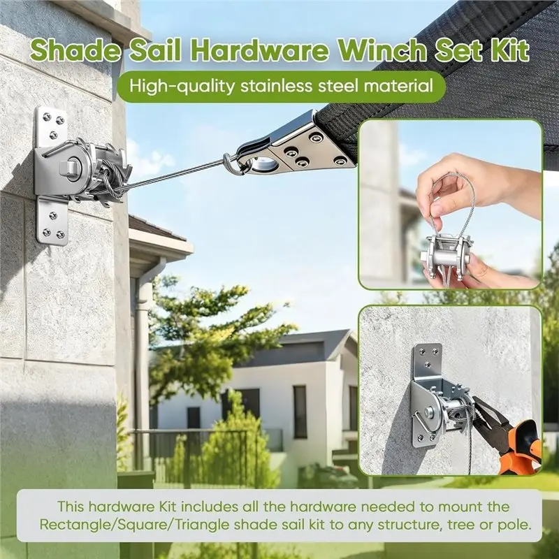 DTEN-For Outdoor Sun Shade Sail Hardware Kit- Ratchet Winch& Cable Rope(60Pcs) For Patio Canopy Garden