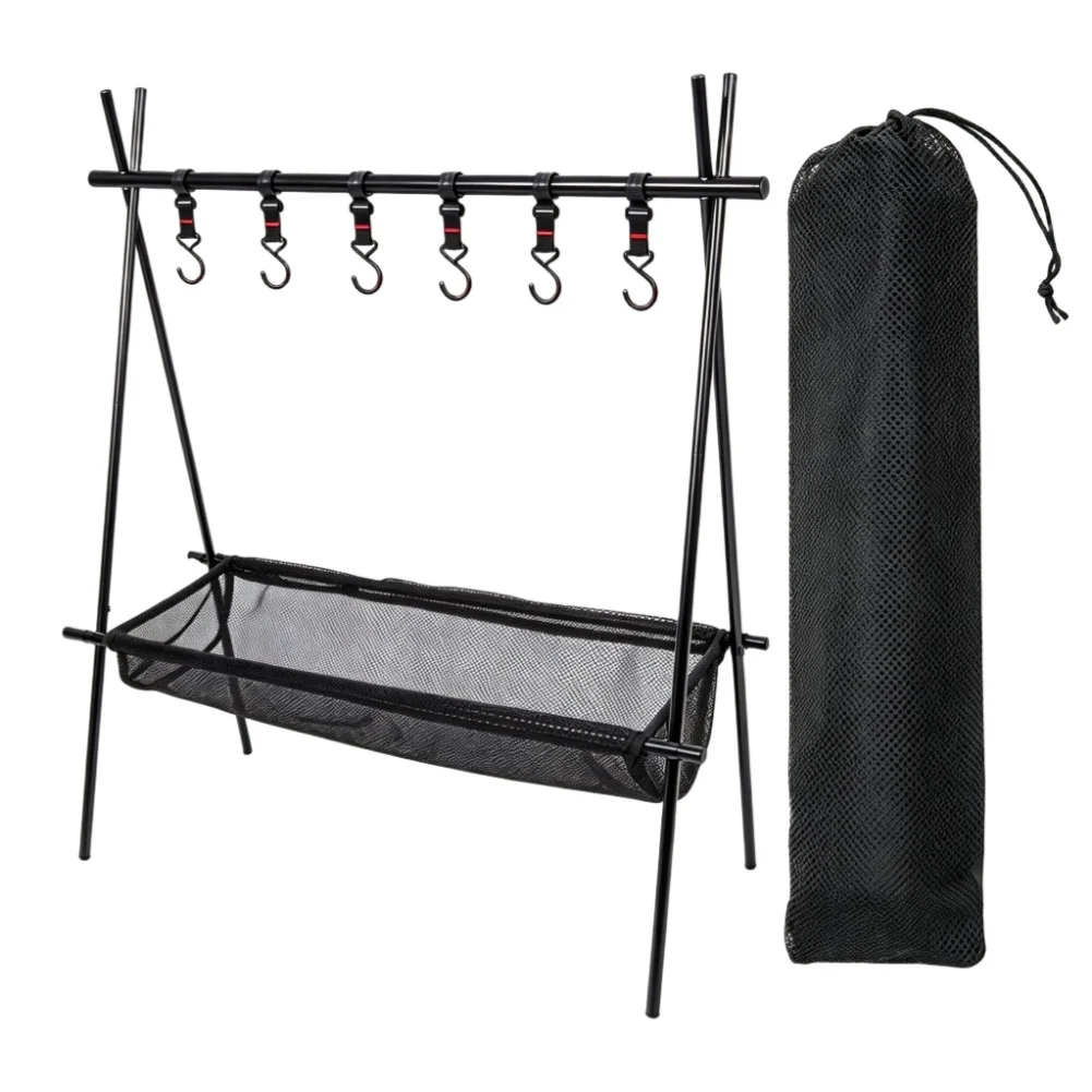 Aluminum Camping Tripod Shelf with Elastic Cord Connected Legs Mesh Storage Bag and Compact Carry Bundle for Transport
