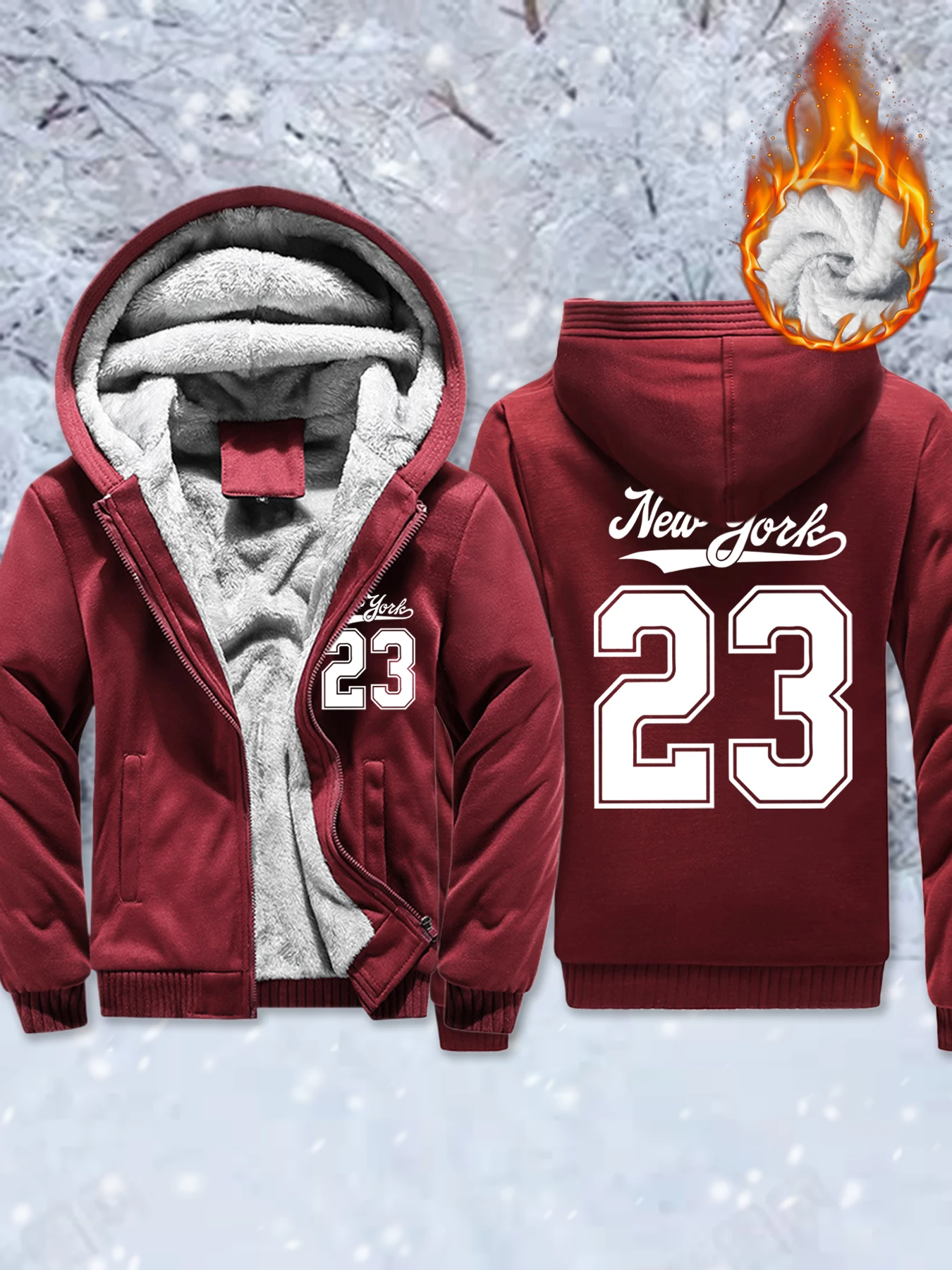 

New York Number 23 Print Men Fleece Soft Jackets Thicken Warm Outwear Winter Comfy Hoodie Pocket Zip-Up Veste Fashion Basics Top