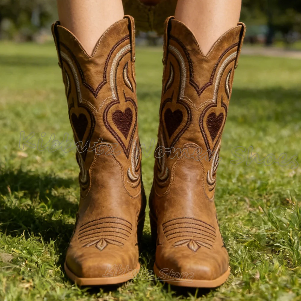 Totem Cowboy Vintage Boots Knee High Slip-On Leather Solid Color Women Shoes New Round Toe Chunky Heels Fashion Luxury Elegant
