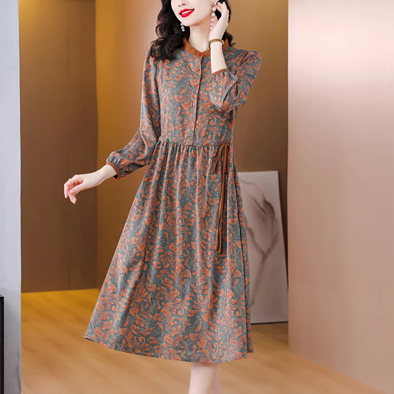 2023 Spring Long Sleeve Silk Printed Large Size Dress for Women's Bohemian O-Neck Loose Waist Slim Over Knee Long Dress Robe