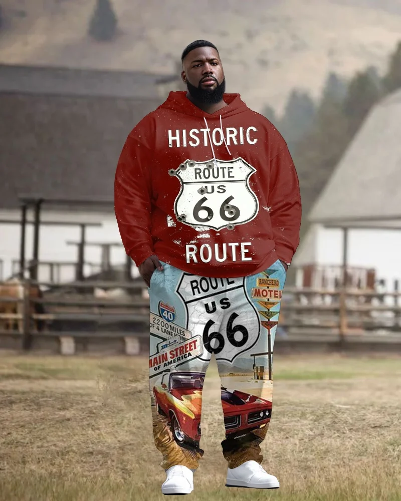 Men's Plus Size Pullover Hoodie and Long Pants Set, Long Sleeve with Historic Route 66 Road Signs and Red Car Prints for Travel