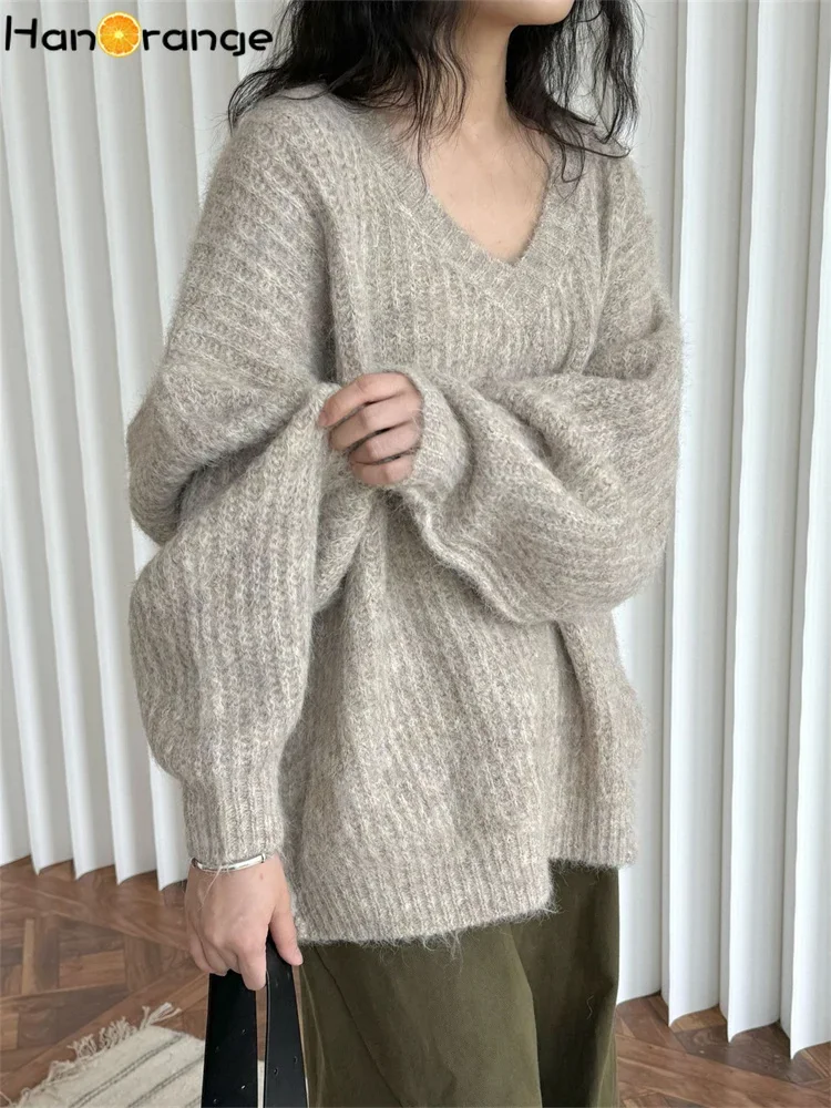 HanOrange 2024 Winter Lazy Gentle Wool V-neck Sweater Women Soft Fluffy Knitting Top Apricot/Dark Gray/Dark Coffee