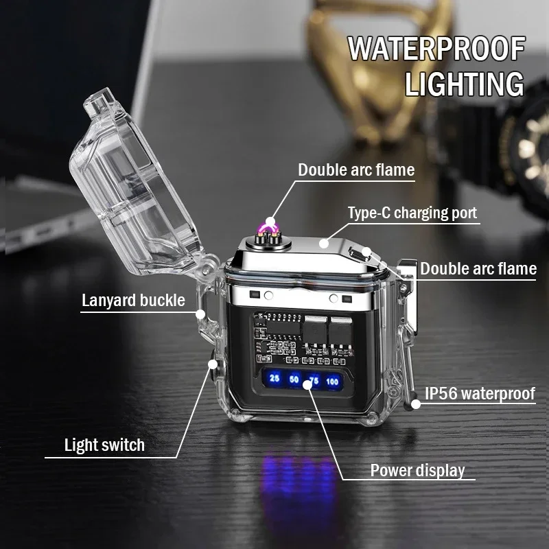 New Type-C Charging Power Display Lighter with Light, Mecha Style Transparent Shell Waterproof Electronic Pulse Lighter