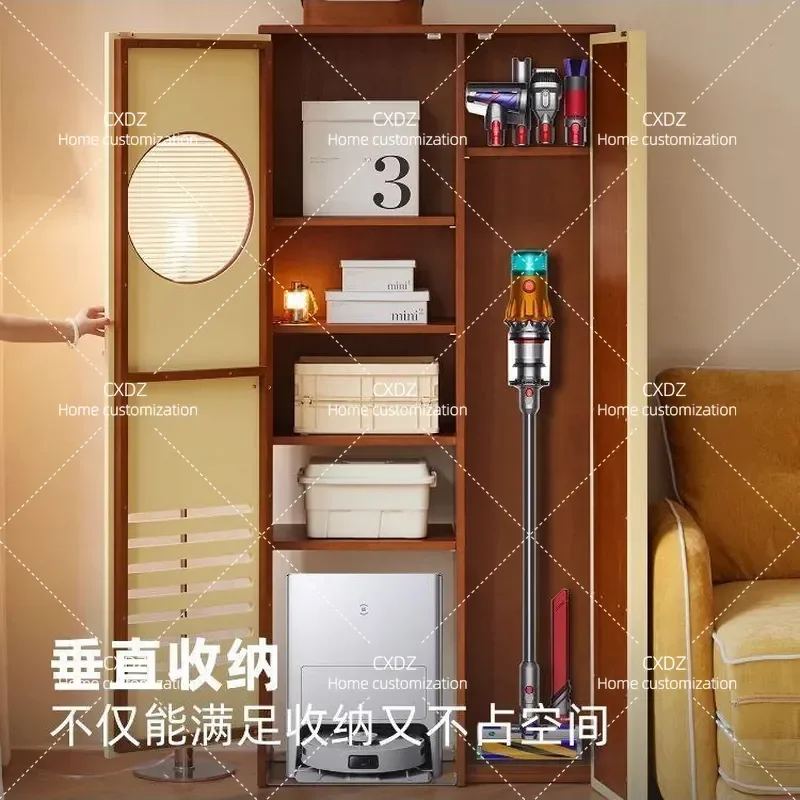 Nordic Solid Wood Housekeeping Cabinet Retro Small Apartment Movable Balcony Sweeping Robot Storage Cabinet Living Room
