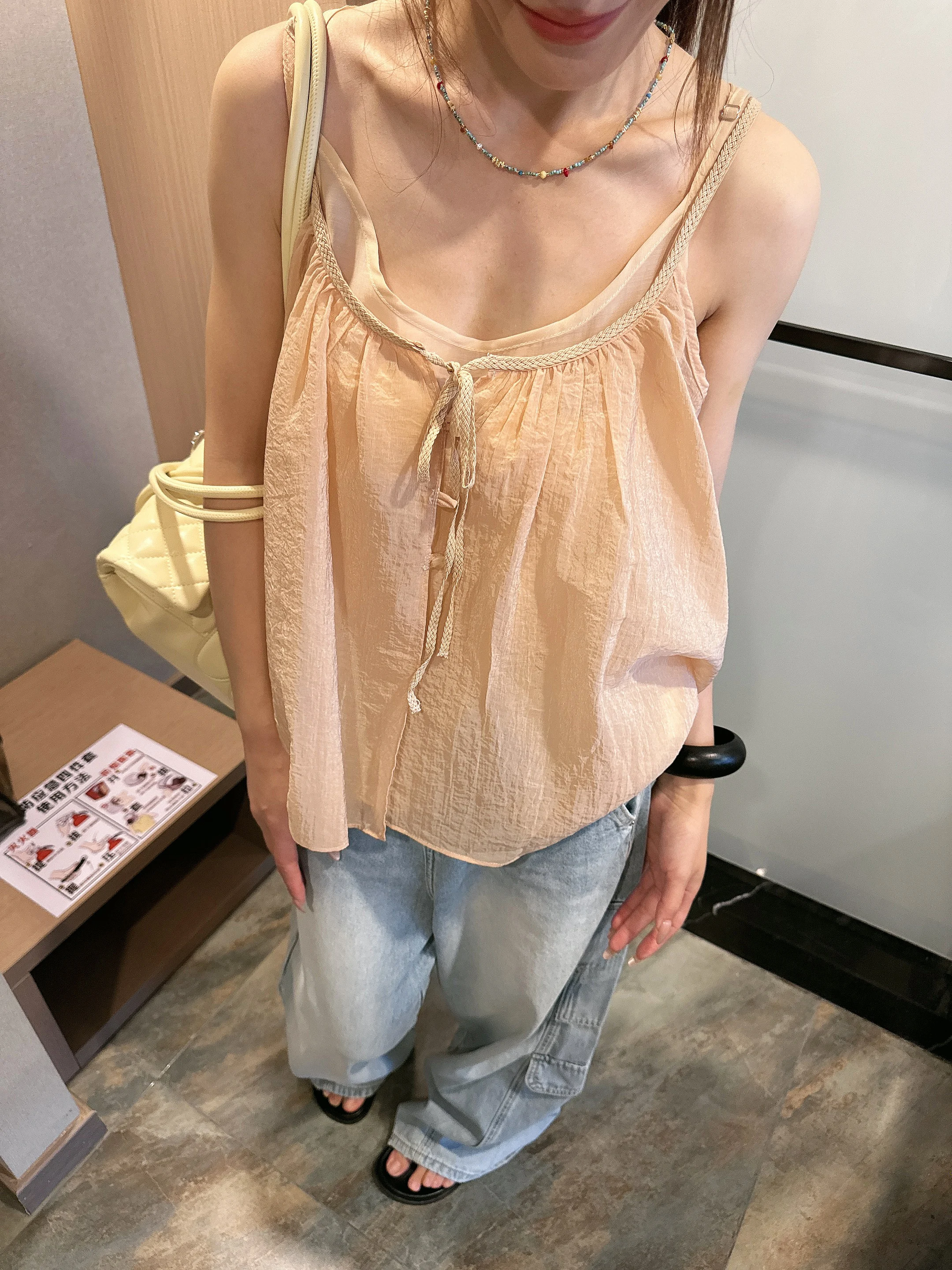 

Sweet Girl Style Two-Piece Set Strap Vest Women Loose Slimming Sleeveless Pleated Vacation Style Overlap Top Bandage Vest