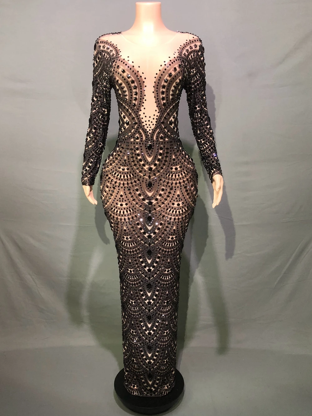 Women Party Evening Prom Birthday Long Dress Sparkly Rhinestones Sexy Mesh See Through Photo Shoot Performance Costume Show Wear