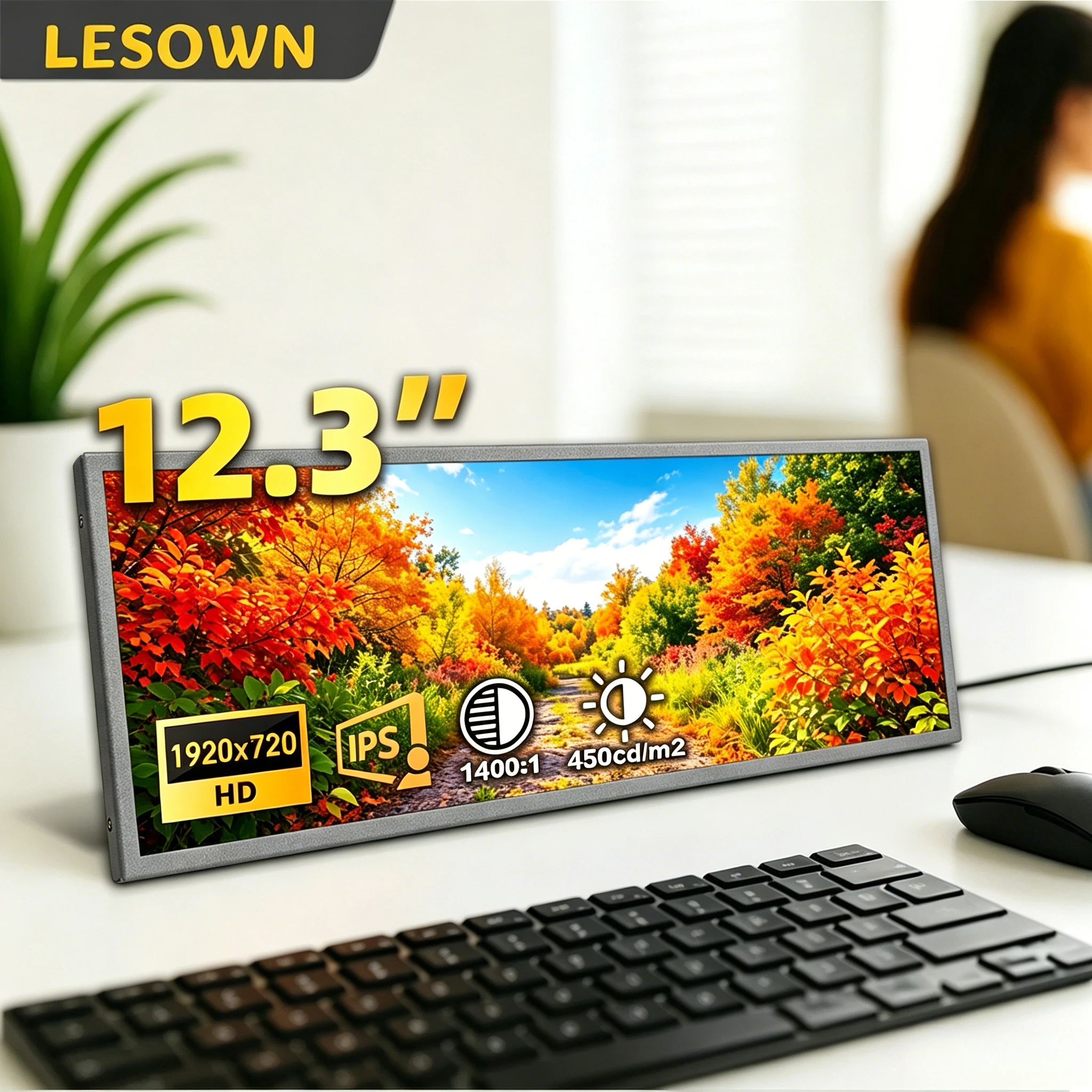 

LESOWN PC Case Secondary Bar Monitor 12.3in 16:6 Capacitive Screen for Desk Rig Hardware Dashboard with miniHDTV Interface