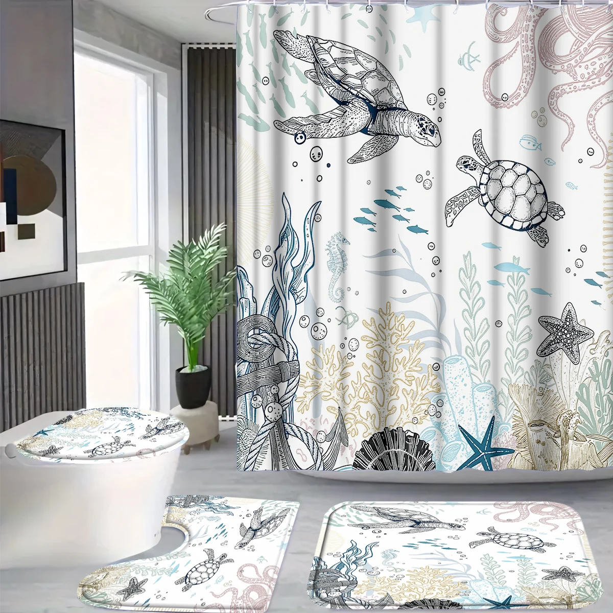 

4 Pcs/Set Sea Turtle & Coral Shower Curtain Bathroom Set, Coastal Nautical Print Waterproof Mildew Resistant Fabric, Family Bathroom Decor, Minimalist Ocean Style Bath Mat Set, Fits Apartment, Guest Bathroom, Home Use, Includes 12 Free Hooks