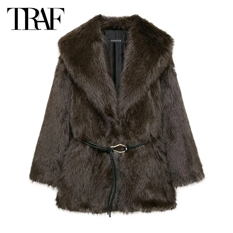 TRAF 여성 따뜻한 겨울 자켓 2024 가을 긴 소매 가짜 모피 코트 우아한 대형 플러시 파카 Outerwears의 새로운 기능