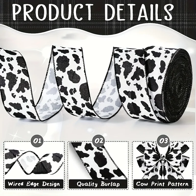 1pc 5 Yards Cow Print Ribbons Wired Edge Burlap White Black Craft Ribbon Gift Wrapping Ribbon  for Cow Theme Party Favor