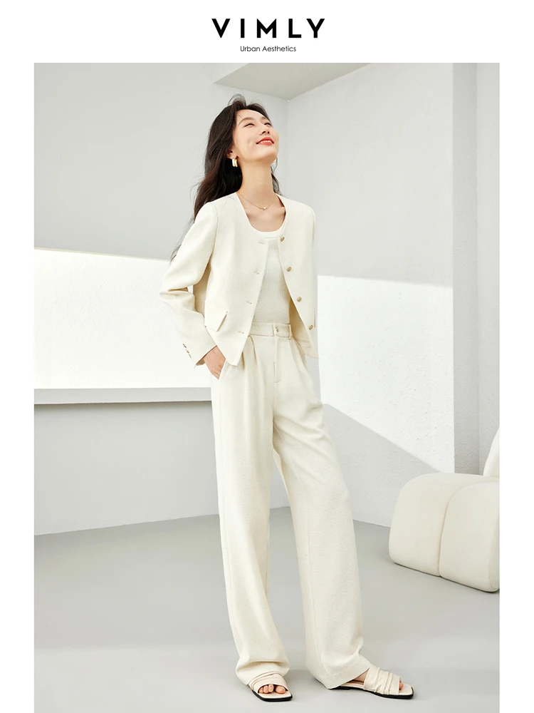 Vimly Elegant Linen Blend Women\'s Sets Cropped Jacket Wide Leg Pant Two Piece Set Woman Outfits 2024 Spring Matching Set M5996