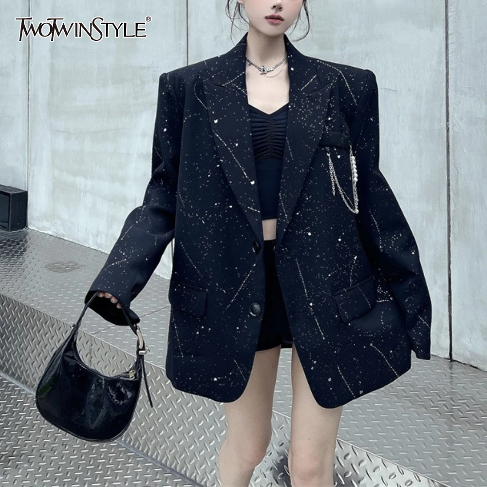 TWOTWINSTYLE Black Spliced Chain Jacket Female Lapel Long Sleeve Loose Temperament High End Women's Jackets Autumn Fashion New