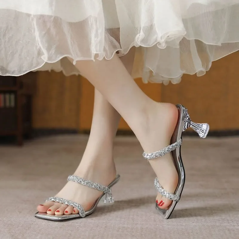 

Luxury Women Slippers Square Toe High Heels Sandals Dress Party Shoes Elegant 2026 New Summer Heeled Shoes Woman Pumps