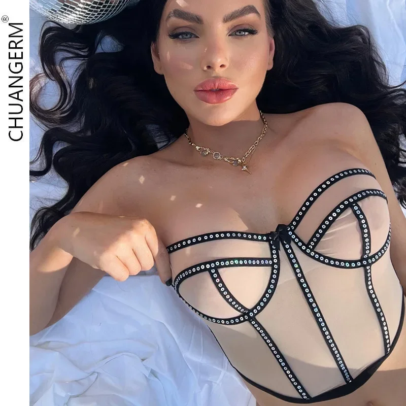 CHUANGERM Sexy Lingerie Female Underwear Mesh Set Sequin Niche Design Erotic Valentine's Day Onlyfans Slim Fit Tube Top