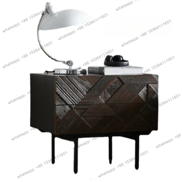 

Nordic modern wabi-sandy wind solid wood hand-carved bedside light luxury retro medieval style double pumping storage cabinet