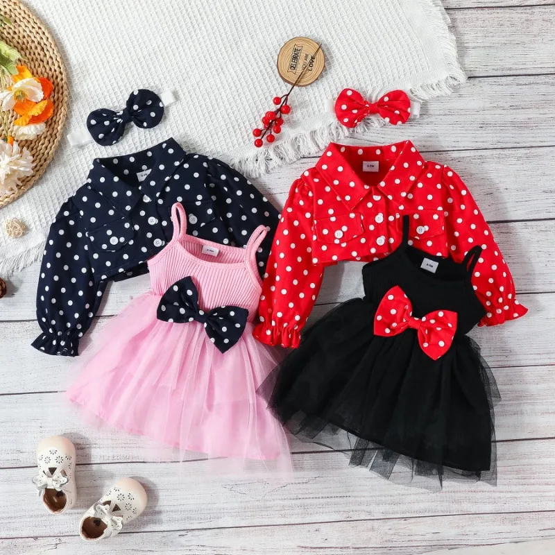 

Baby Girls Trendy Polka Dot Lapel Single Breasted Long Sleeved Coat Top Paired with Suspender Bow Dress Headband Three Piece Set