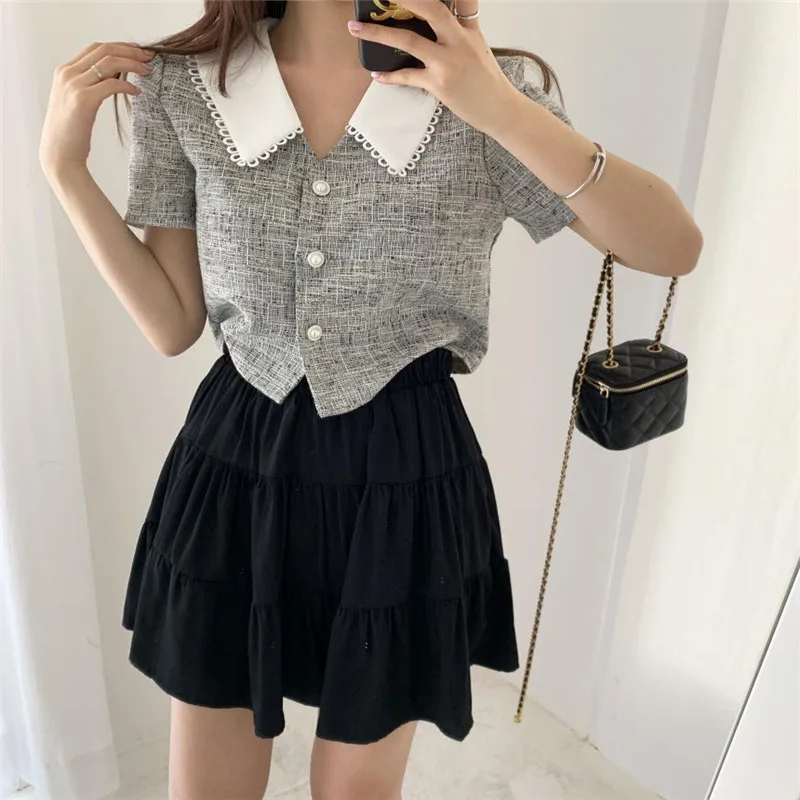 Korean Chic Summer Fashion 2pc Suits Color Contrast Short Shirt Top+Black Mini A Line Skirt Sets Elegant Women Two Piece Dress