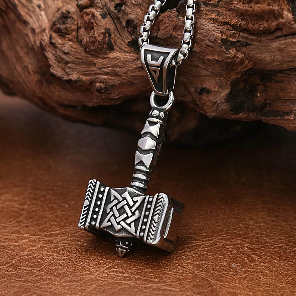 Stainless Steel Viking Thor Hammer Pendant Necklace Unisex Gothic Punk Norse Knot Symbol Punk Fashion Jewelry Gift